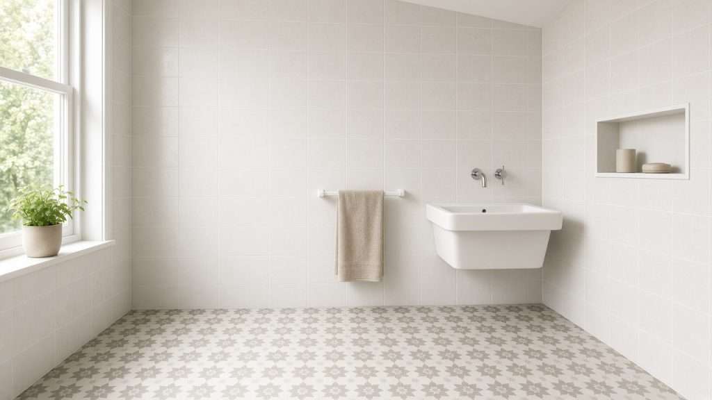 Clean patterned ceramic bathroom floor and wall tile in Orange County