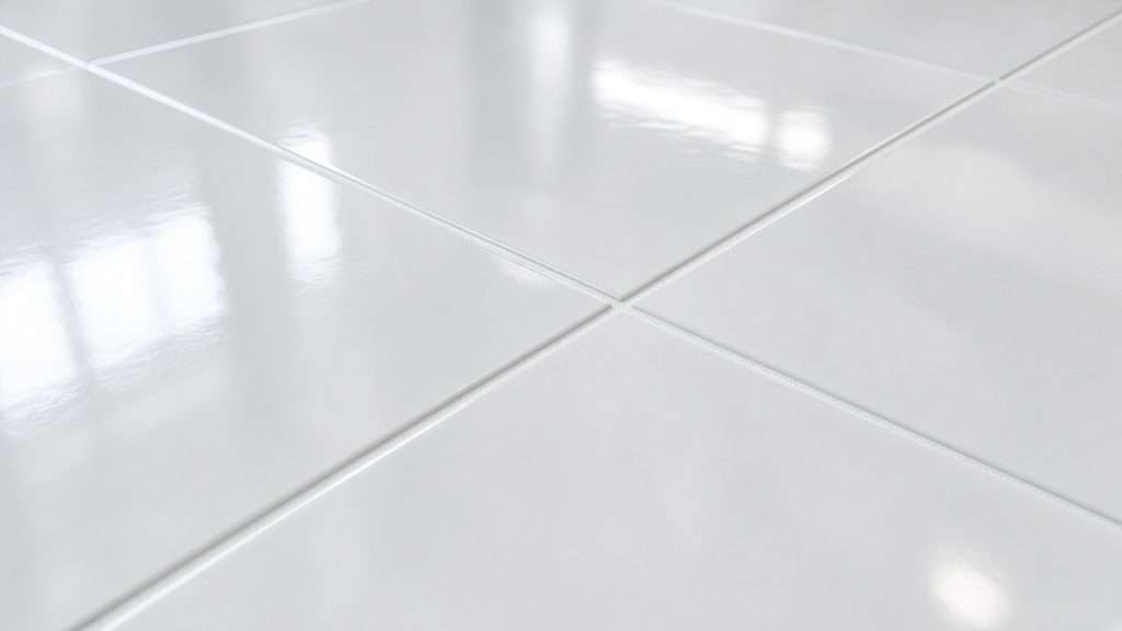 Close-up of glossy ceramic tile with bright clean grout lines