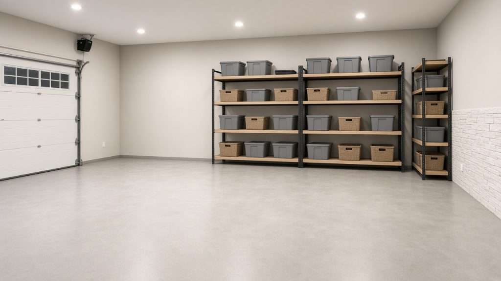Clean concrete garage floor in an Orange County home