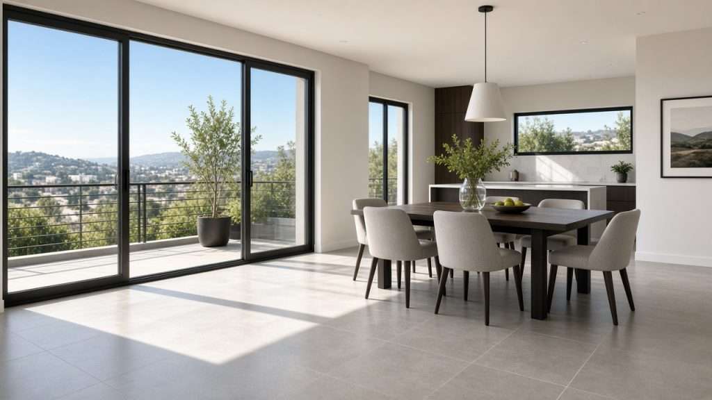 Clean gray tile dining room floor in Los Angeles