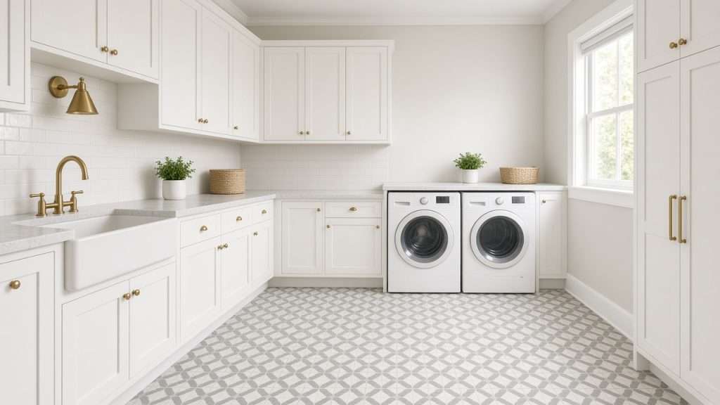 Clean patterned tile laundry room floor with fresh grout