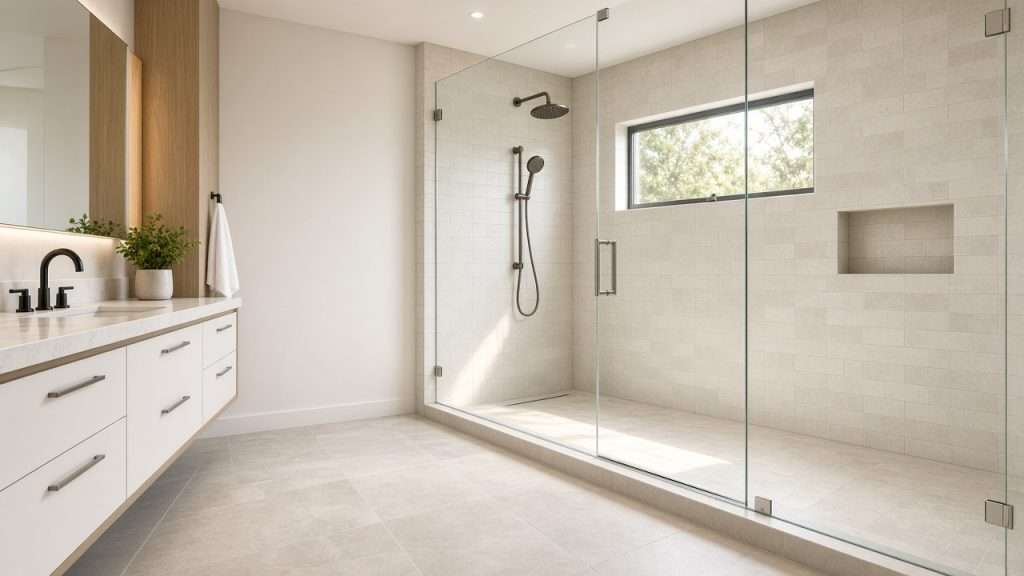 Clean tiled shower and bathroom floor in Orange County