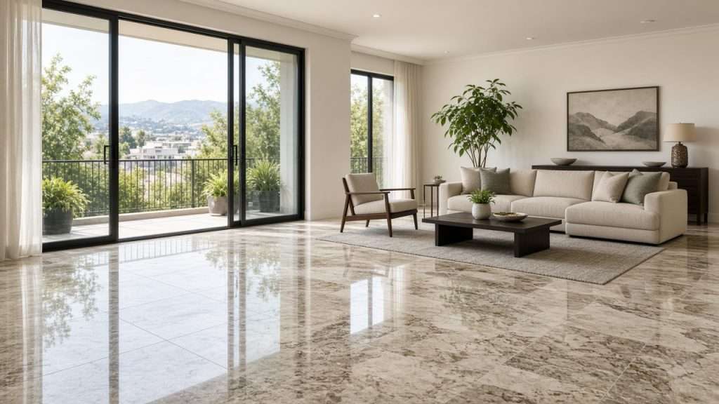 Polished granite tile floor in a bright Bay Area living room