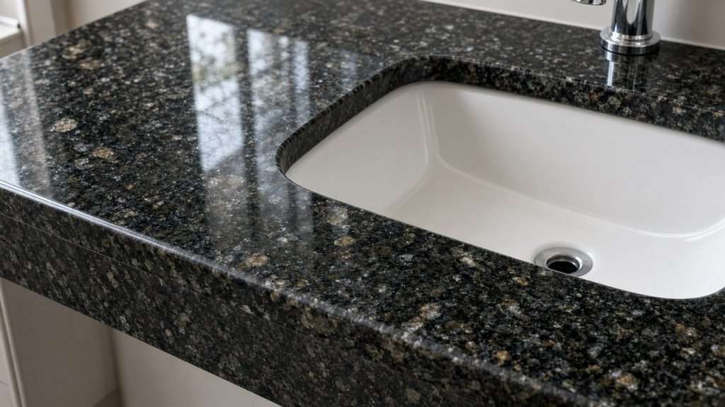 Polished granite bathroom vanity countertop cleaned and sealed in the Bay Area