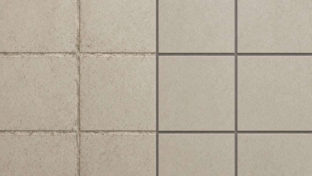 Before and after grout color sealing: stained grout on the left, fresh uniform grout on the right