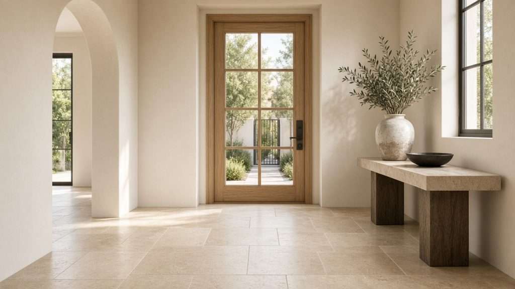 Clean honed limestone tile entryway in a Los Angeles home