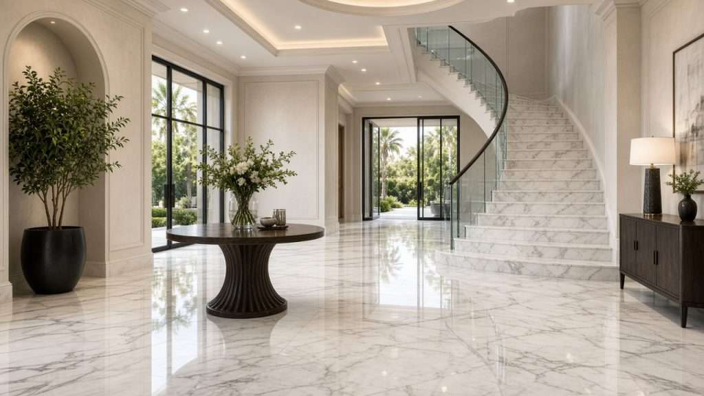Clean polished marble foyer floor in Orange County