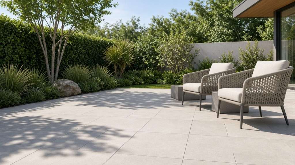 Clean light stone tile patio in an Orange County backyard