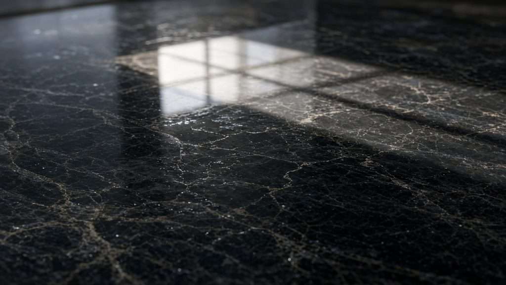 Close-up of a high-gloss polished stone floor in the Bay Area