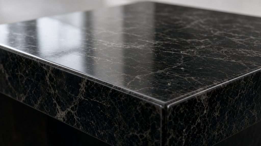 Close-up of a polished stone countertop edge