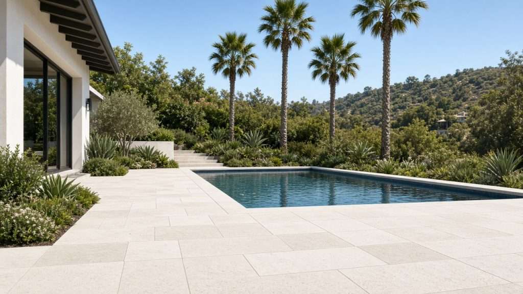 Clean pool deck with palm trees in San Diego