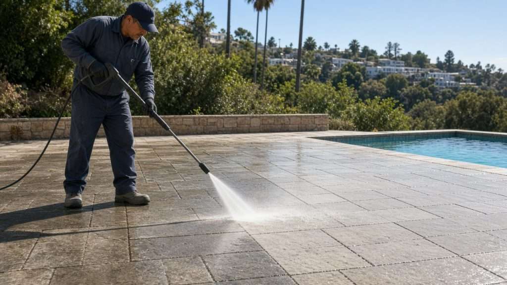 Technician pressure cleaning a stone pool deck in Orange County