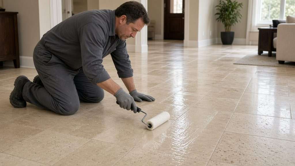 Technician applying sealer to a tile floor in Los Angeles