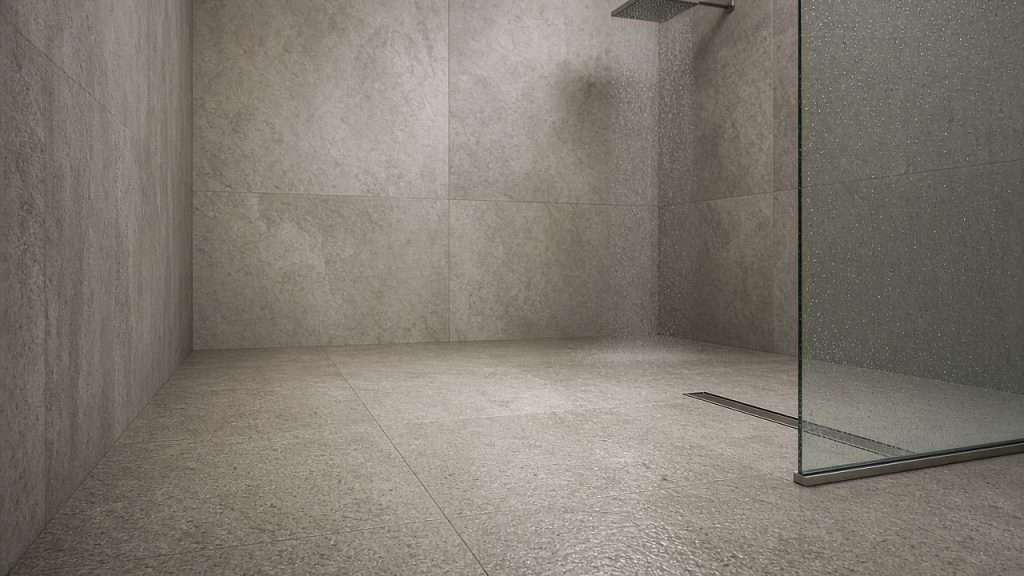 Shower stone tile floor with anti-slip treatment