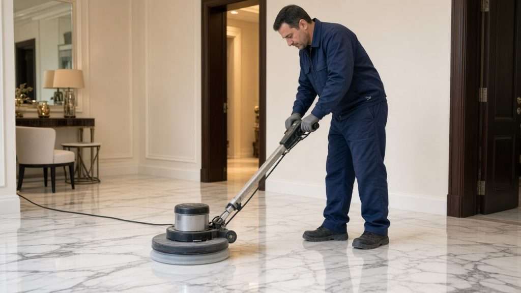 Technician honing a marble floor in the Bay Area