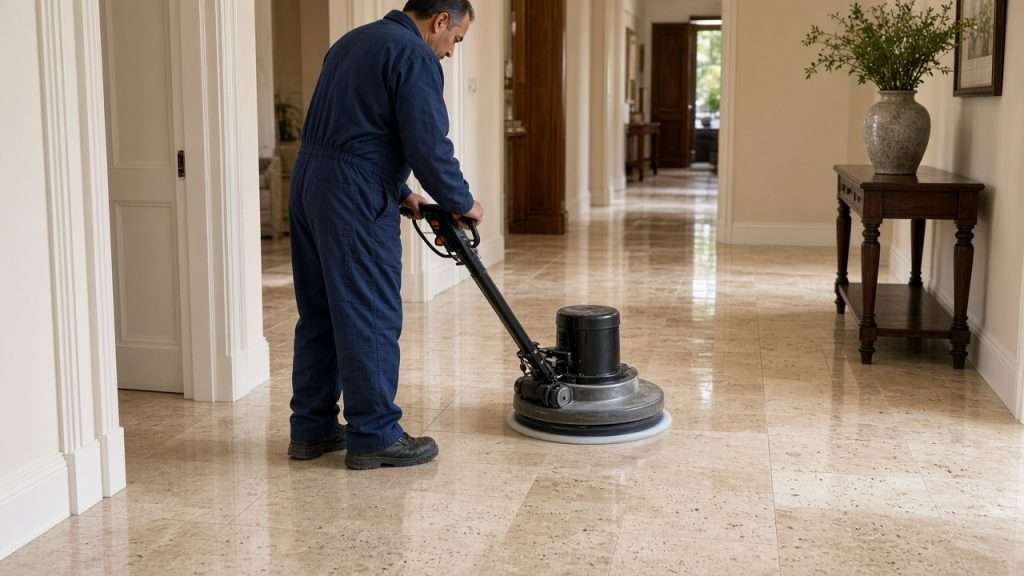Technician polishing a stone floor in San Diego