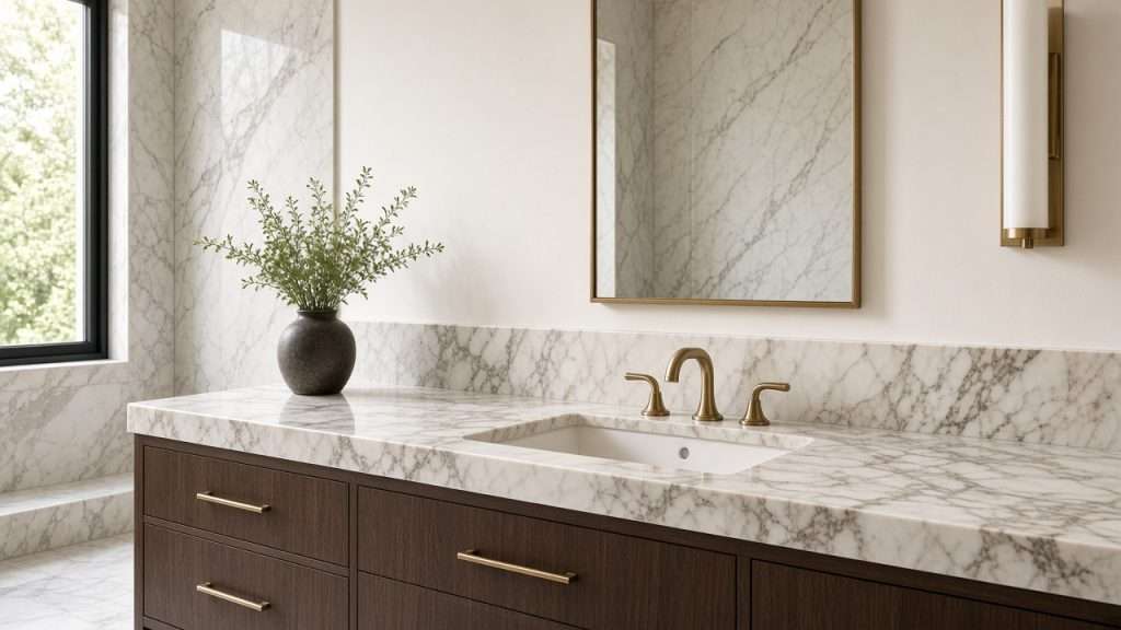 Polished marble bathroom vanity top in a Los Angeles home