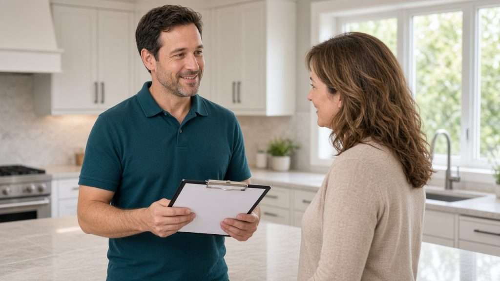 Tile Cleaning Solutions technician explaining a free quote to a homeowner