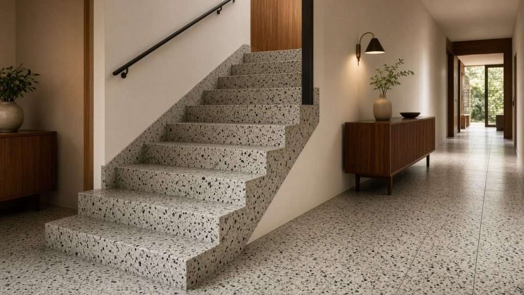 Clean terrazzo stairs and floor in an Orange County home