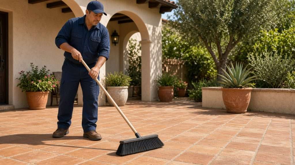 Technician stripping outdoor Saltillo tile in San Diego