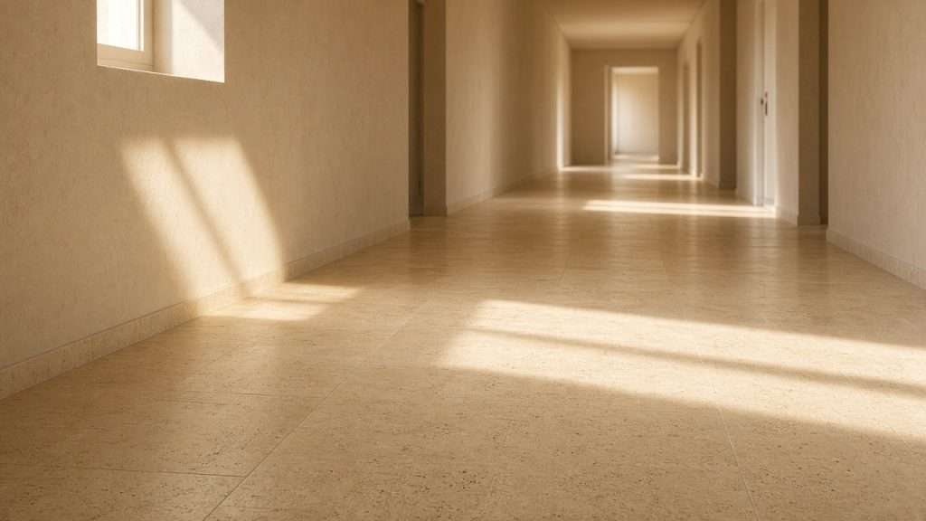 Honey travertine hallway floor in a San Diego home