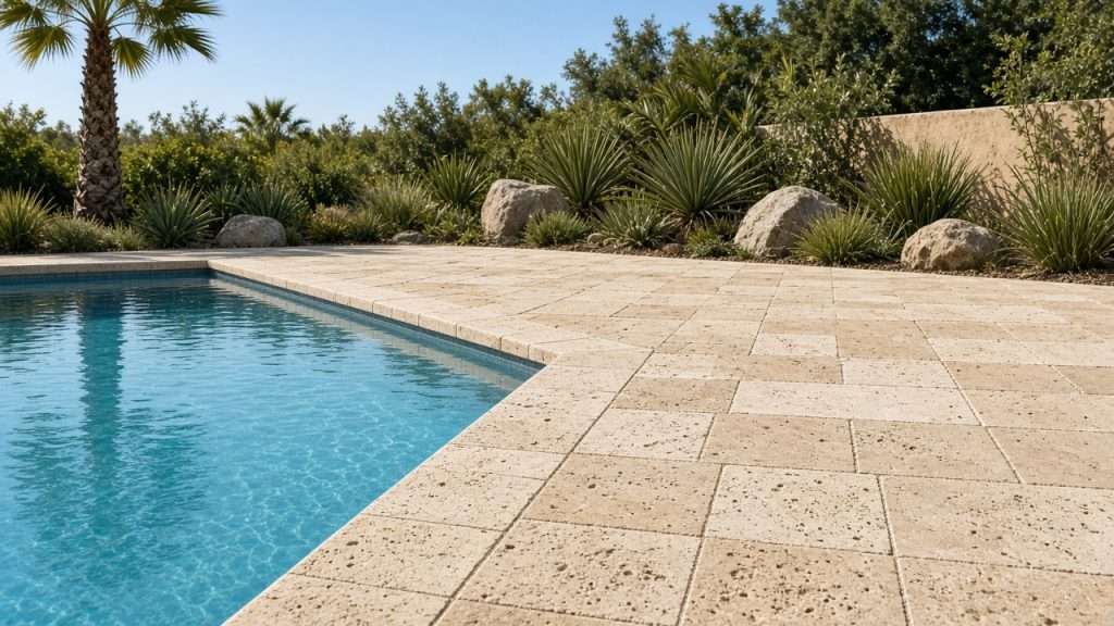 Clean travertine pool deck in San Diego