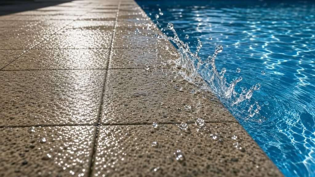 Wet textured pool deck tiles at the pool edge